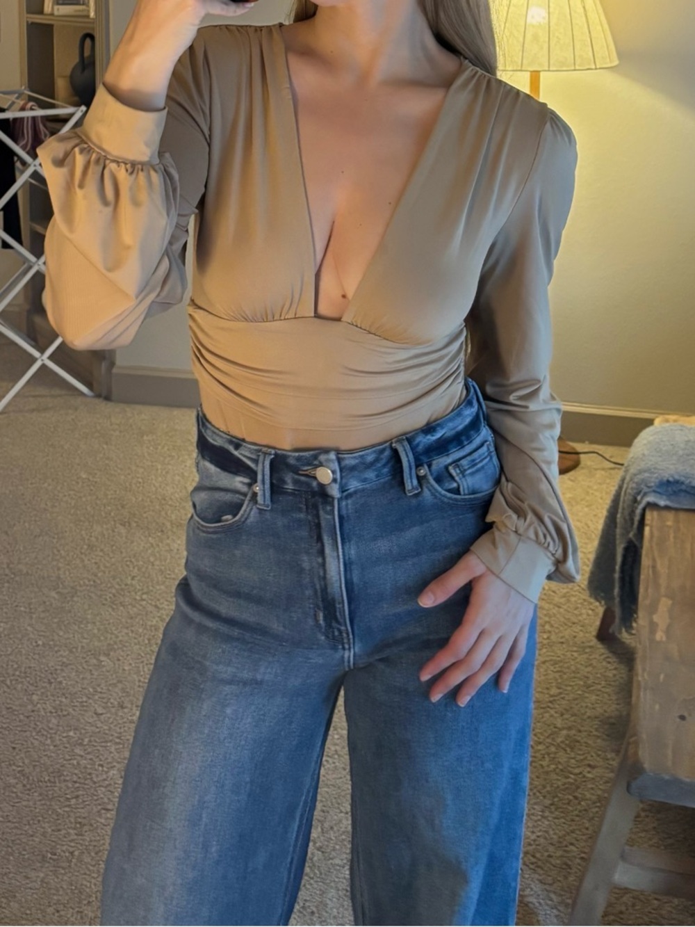 Princess Polly Tan Deep V Long Sleeve Ruched Bodysuit